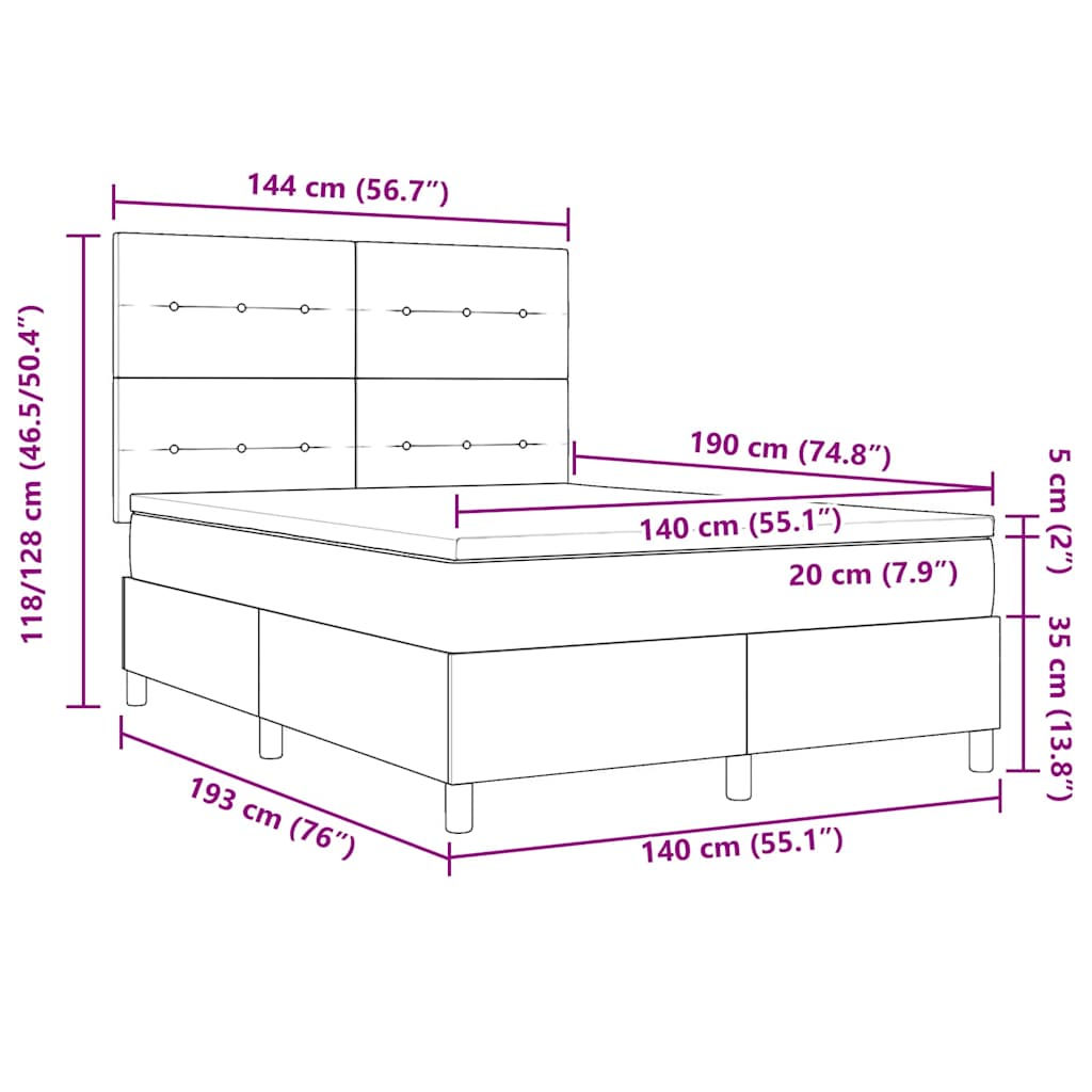 Boxspringbett mit Kopfteil Dunkelgrau 140 x 190 cm Stoff