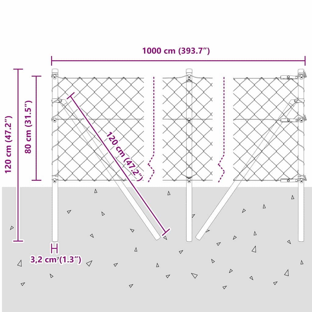 Bodenmontierter Maschendrahtzaun 10 x 0,8 m Grau Netz