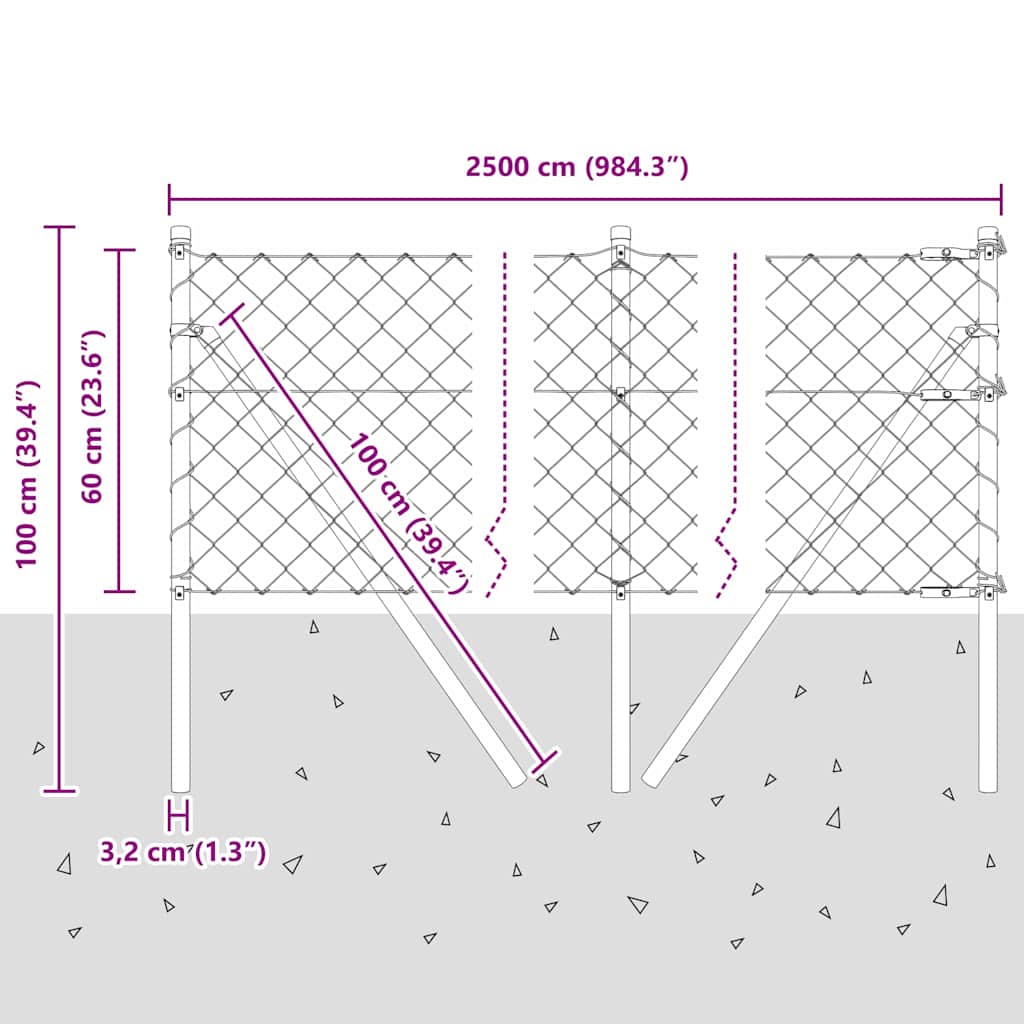 Bodenmontierter Maschendrahtzaun 25 x 0,6 m Grau Netz