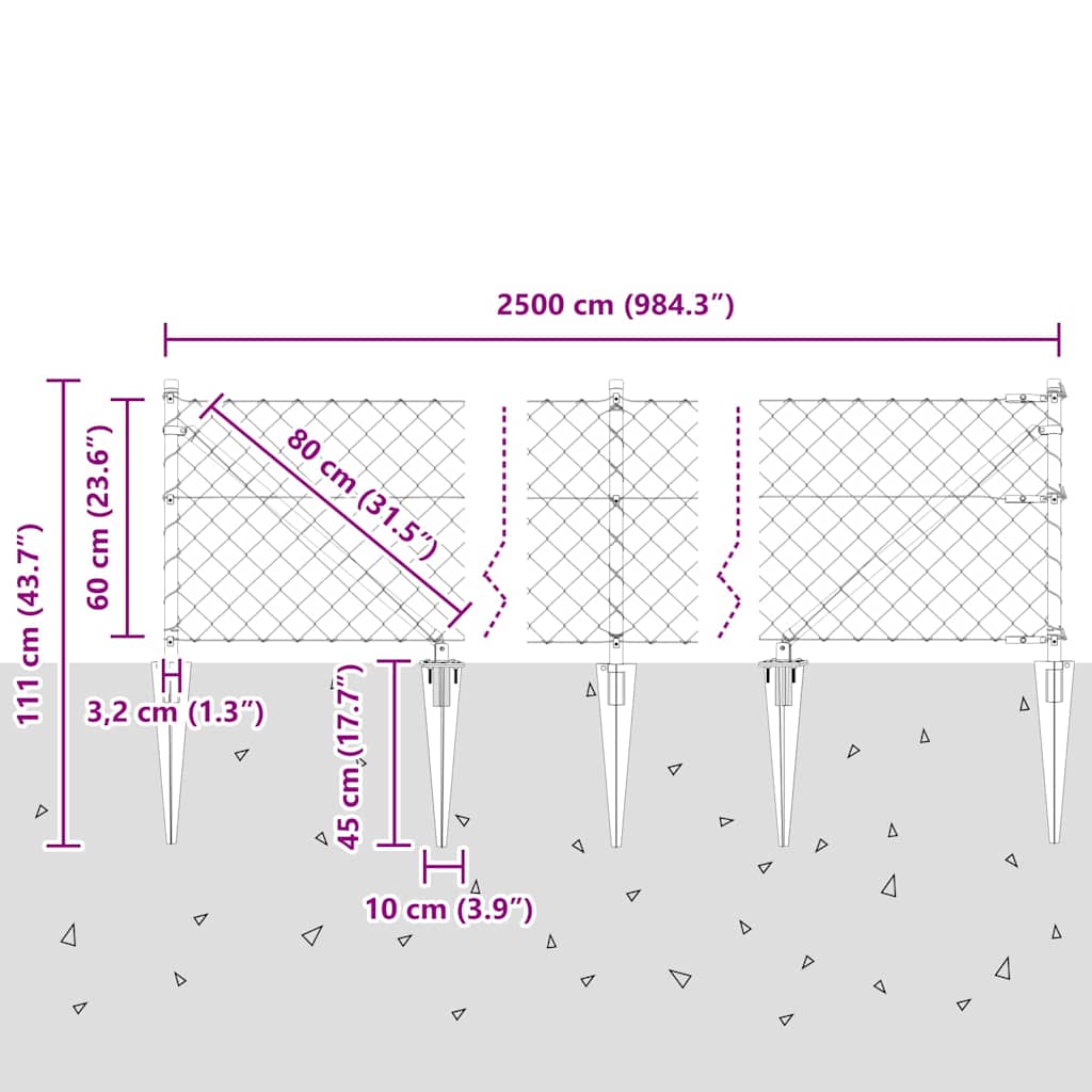 Schweißdrahtzaun mit Spikes 25 x 0,6 m (B x H)