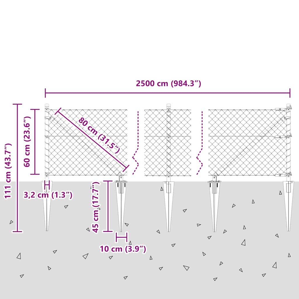 Schweißdrahtzaun mit Spikes 25 x 0,6 m (B x H)