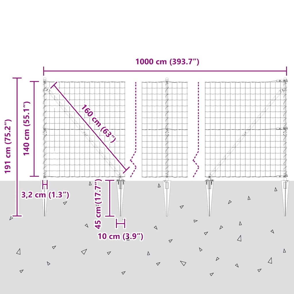 Schweißdrahtzaun mit Spikes 10 x 1,4 m (B x H)