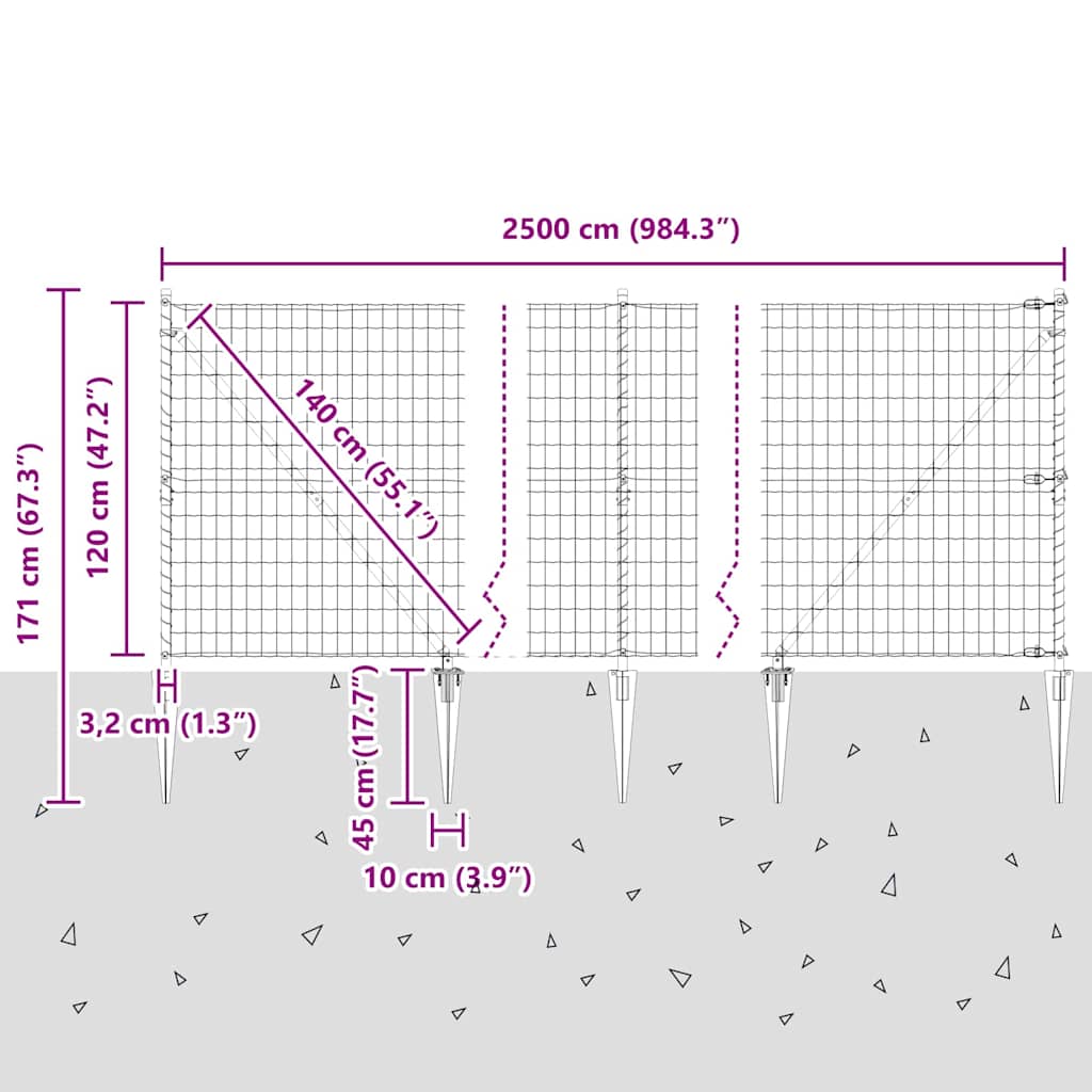 Euro-Zaun mit Stacheln 25 x 1,2 m PVC-beschichteter Stahl Grau