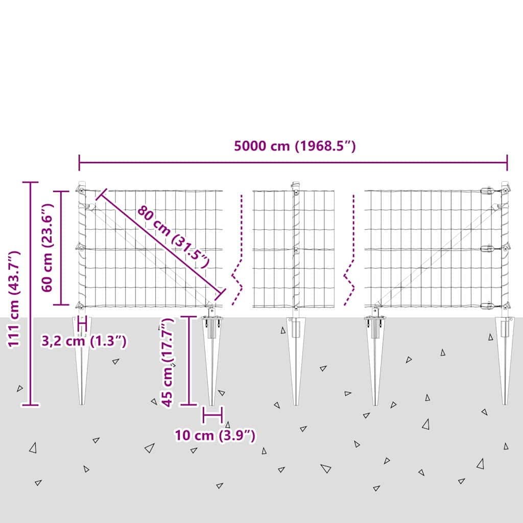 Euro-Zaun mit Stacheln 50 x 0,6 m PVC-beschichteter Stahl Grau