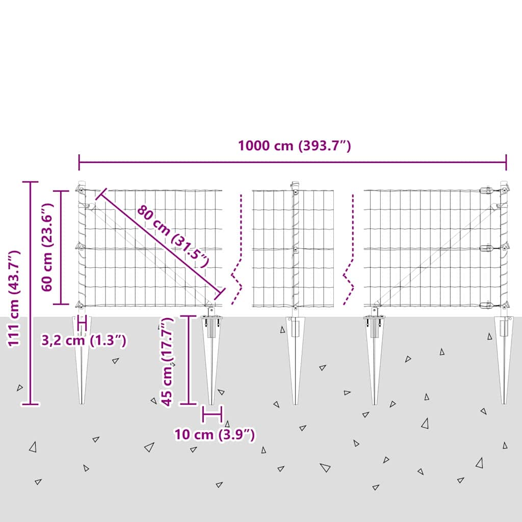 Schweißdrahtzaun mit Spikes 10 x 0,6 m (B x H)