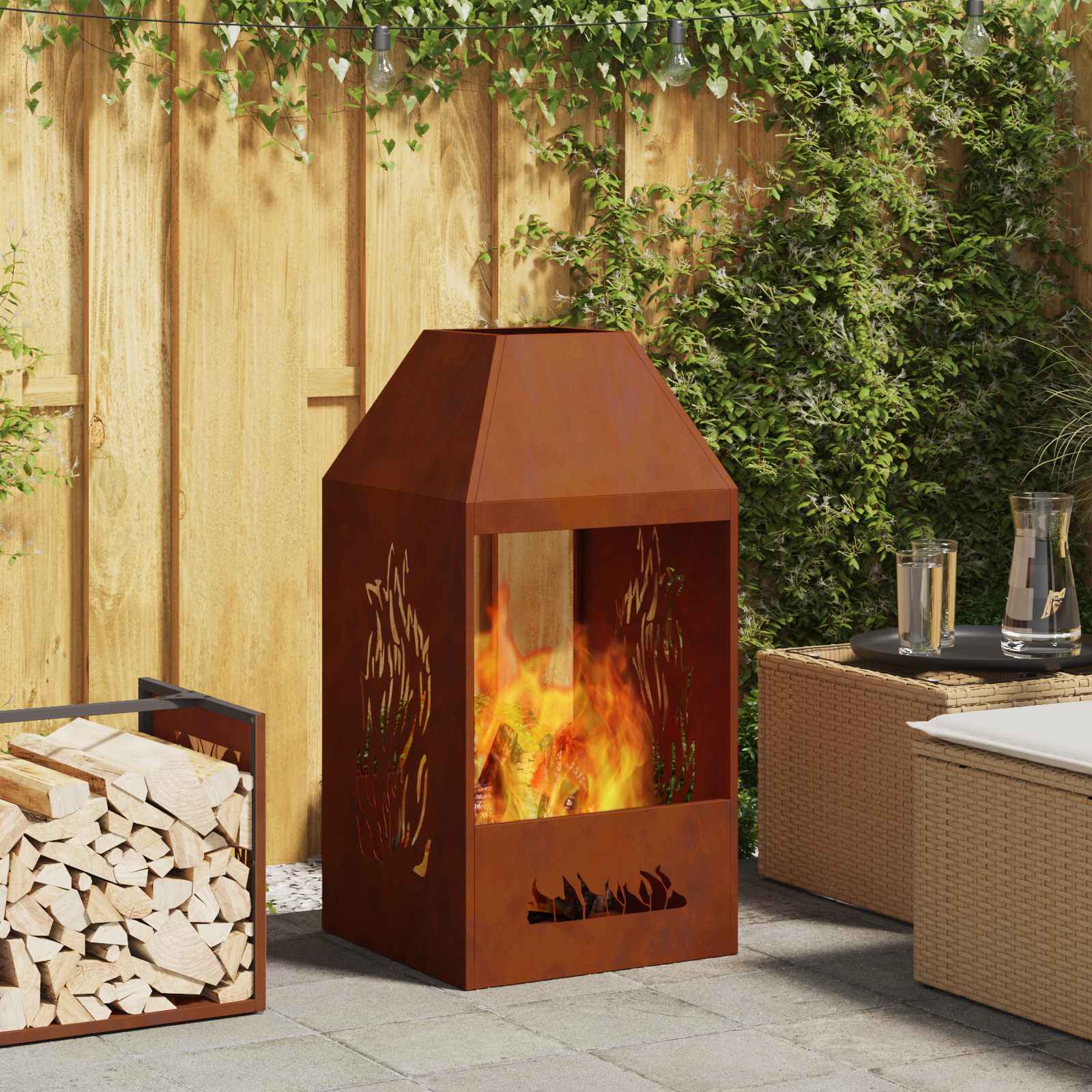 Feuerstelle Rostoptik 50 x 50 x 100 cm Wetterfeststahl