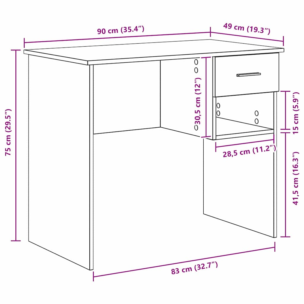 Schreibtisch Räuchereiche 90 x 49 x 75 cm Holzwerkstoff