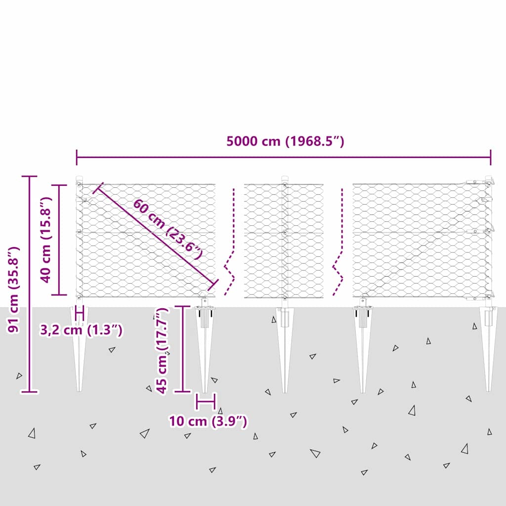 Sechseckzaun mit Pfosten 50 x 0,4 m PVC-beschichteter Stahl