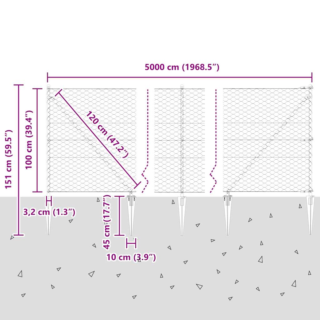 Sechseckzaun mit Pfosten 50 x 1 m PVC-beschichteter Stahl Grau