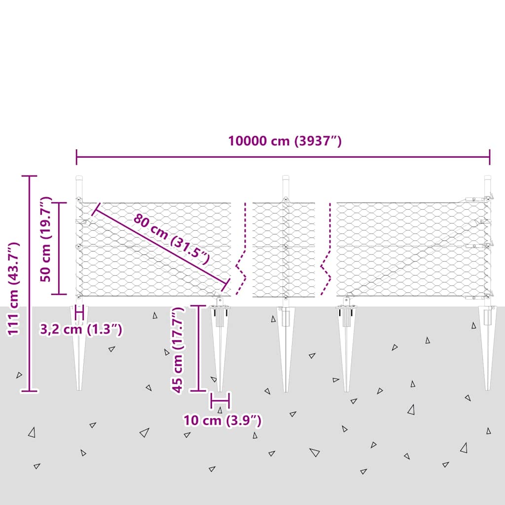 Sechseckzaun mit Pfosten 100 x 0,5 m PVC-beschichteter Stahl