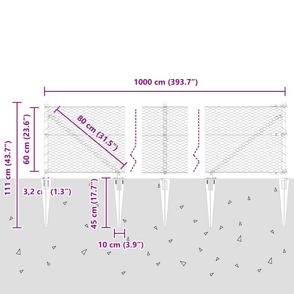 Schweißdrahtzaun mit Spikes 10 x 0,6 m (B x H)