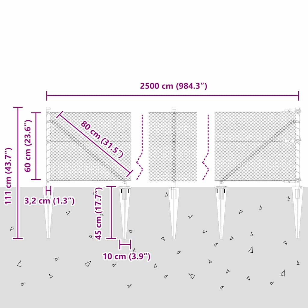Schweißdrahtzaun mit Spikes 25 x 0,6 m (B x H)