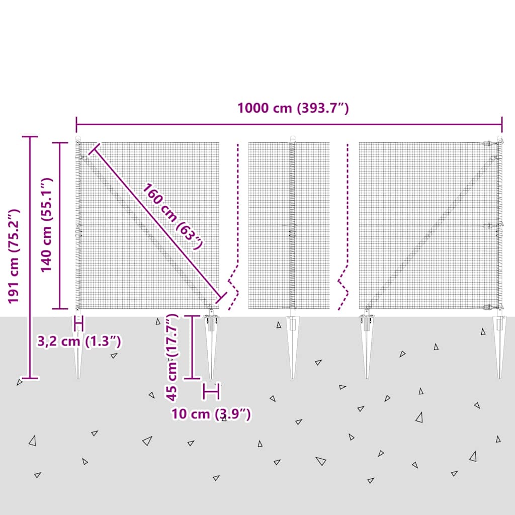 Schweißdrahtzaun mit Spikes 10 x 1,4 m (B x H)