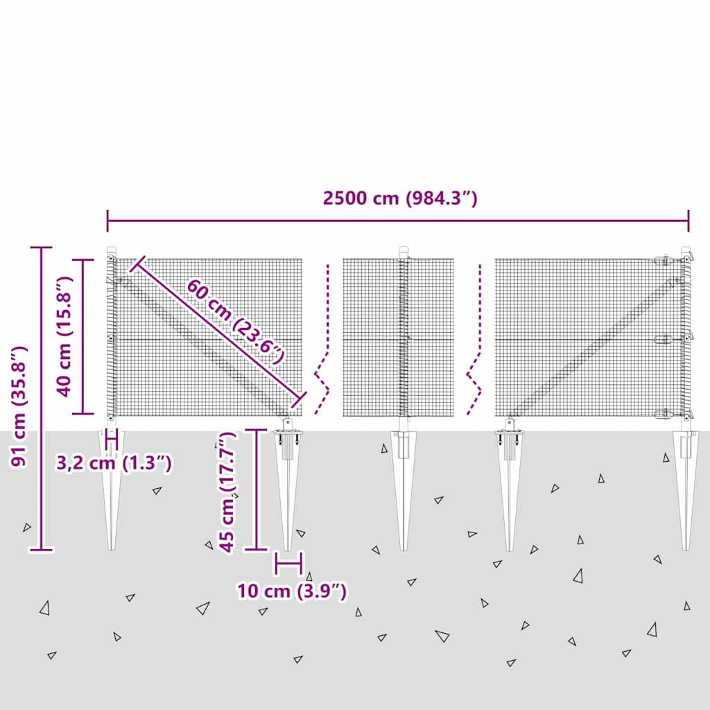 Schweißdrahtzaun mit Spikes 25 x 0,4 m (B x H)