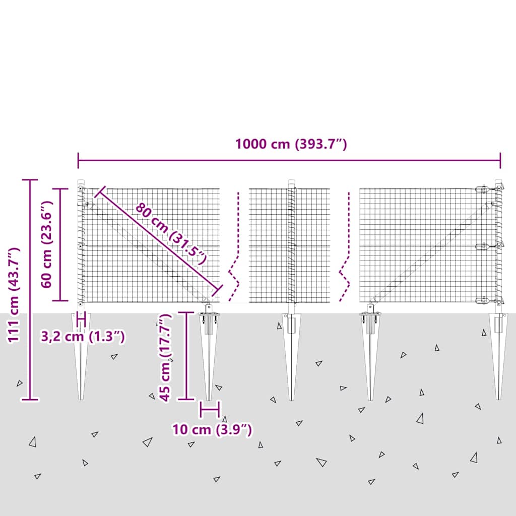 Schweißdrahtzaun mit Spikes 10 x 0,6 m (B x H)