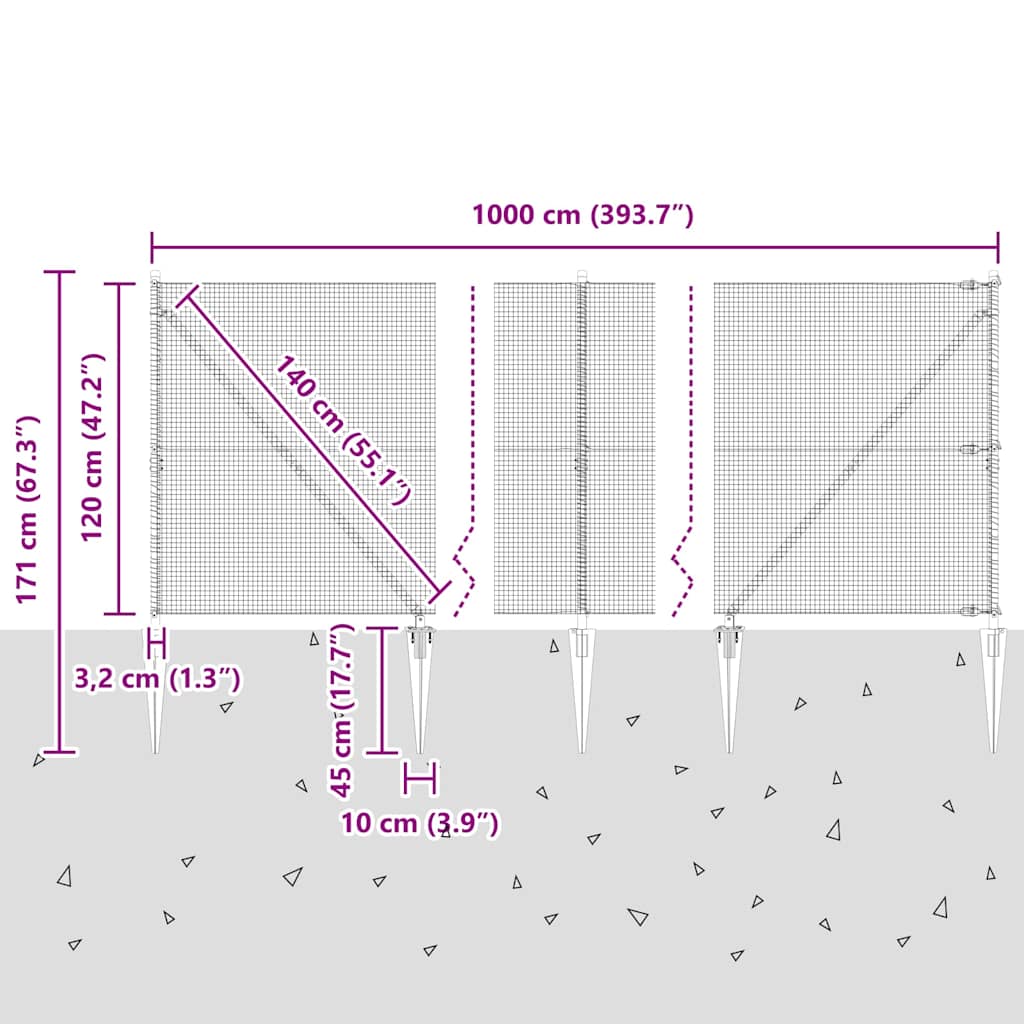 Schweißdrahtzaun mit Spikes 10 x 1,2 m (B x H)