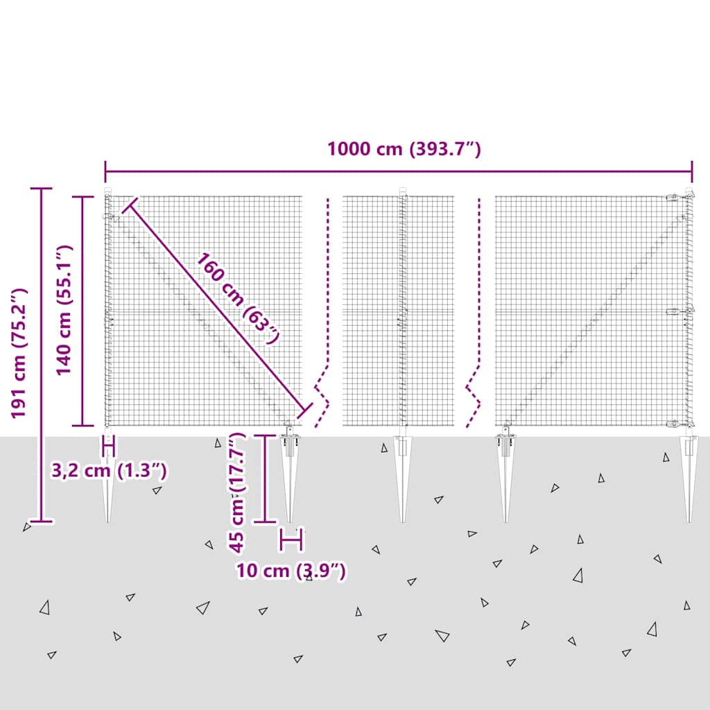 Schweißdrahtzaun mit Spikes 10 x 1,4 m (B x H)