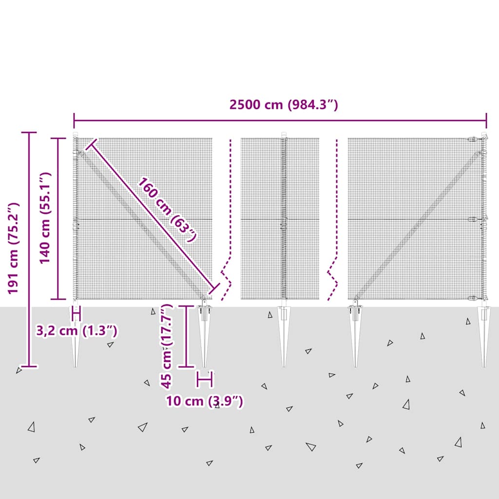 Schweißdrahtzaun mit Spikes 25 x 1,4 m (B x H)