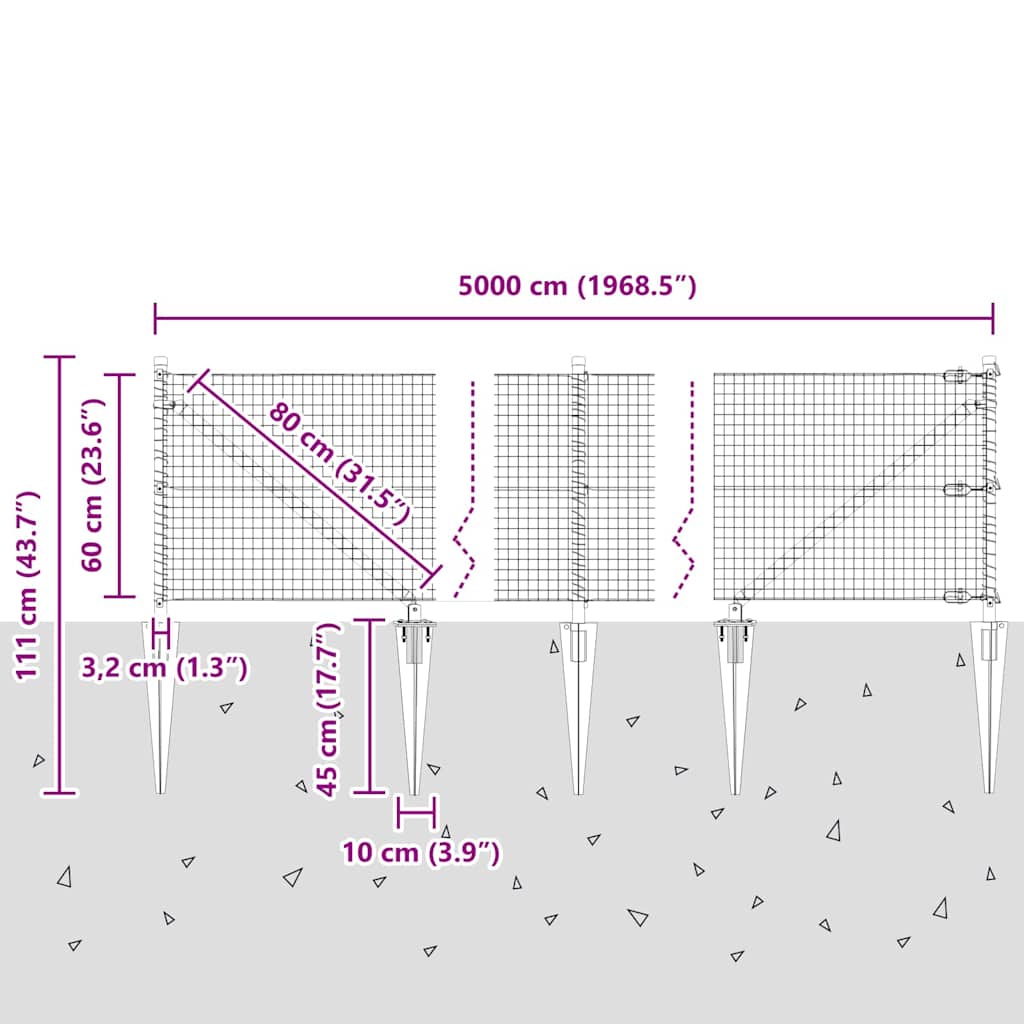 Schweißdrahtzaun mit Spikes 50 x 0,6 m (B x H)
