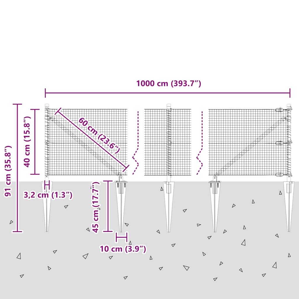 Schweißdrahtzaun mit Spikes 10 x 0,4 m (B x H)
