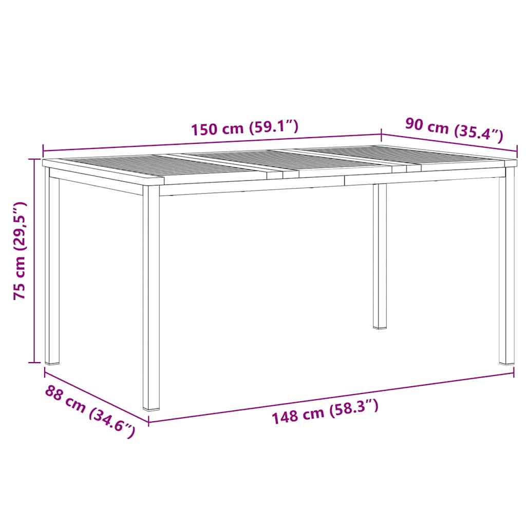 Esstisch 150x90x75 cm Massives Akazienholz und Edelstahl