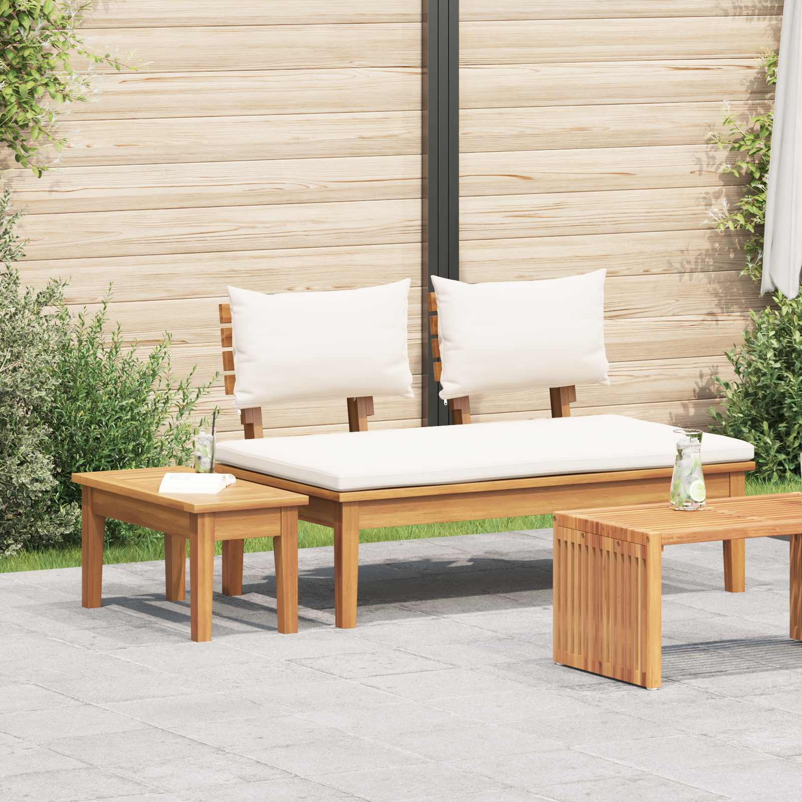 Gartenbank und Tischset 2 stk. Creme und Braun Massivholz Teak