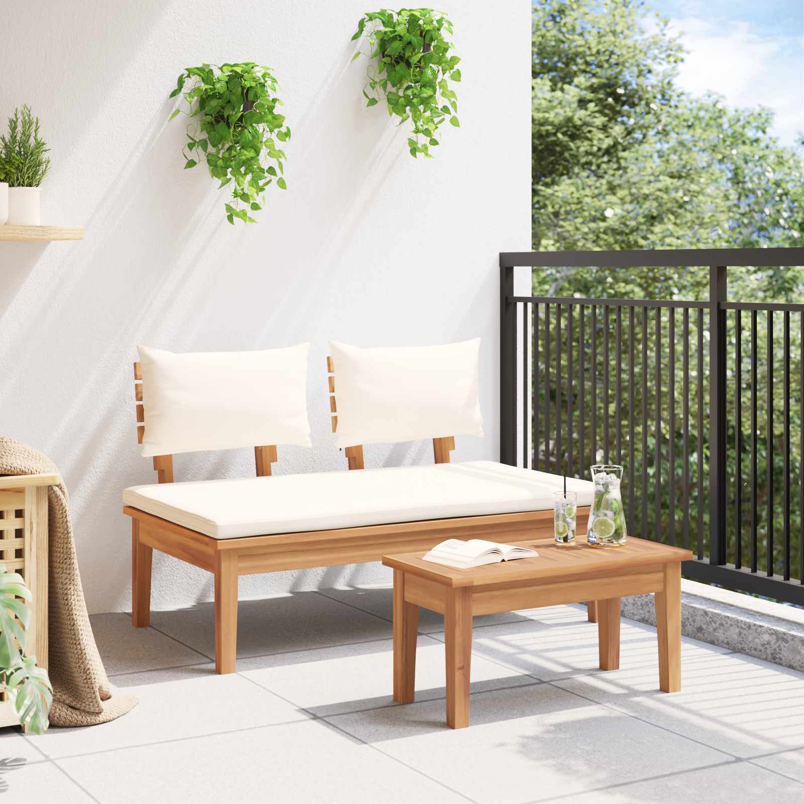 Gartenbank und Tischset 2 stk. Creme und Braun Massivholz Teak