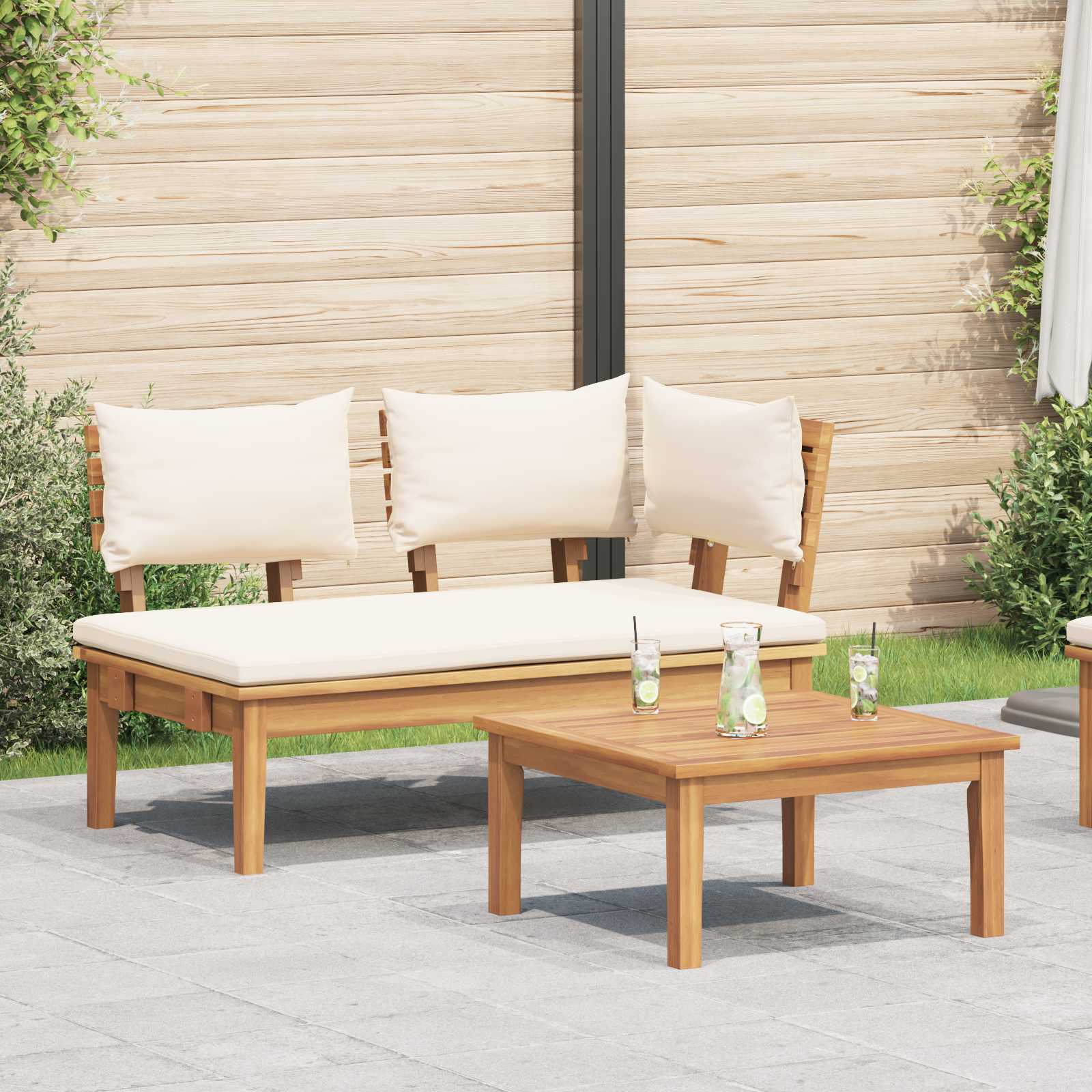 Gartenbank und Tischset 2 stk. Creme und Braun Massivholz Teak