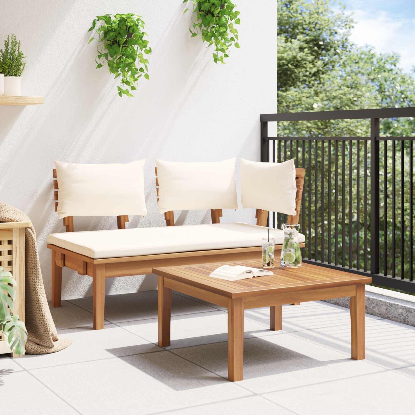 Gartenbank und Tischset 2 stk. Creme und Braun Massivholz Teak