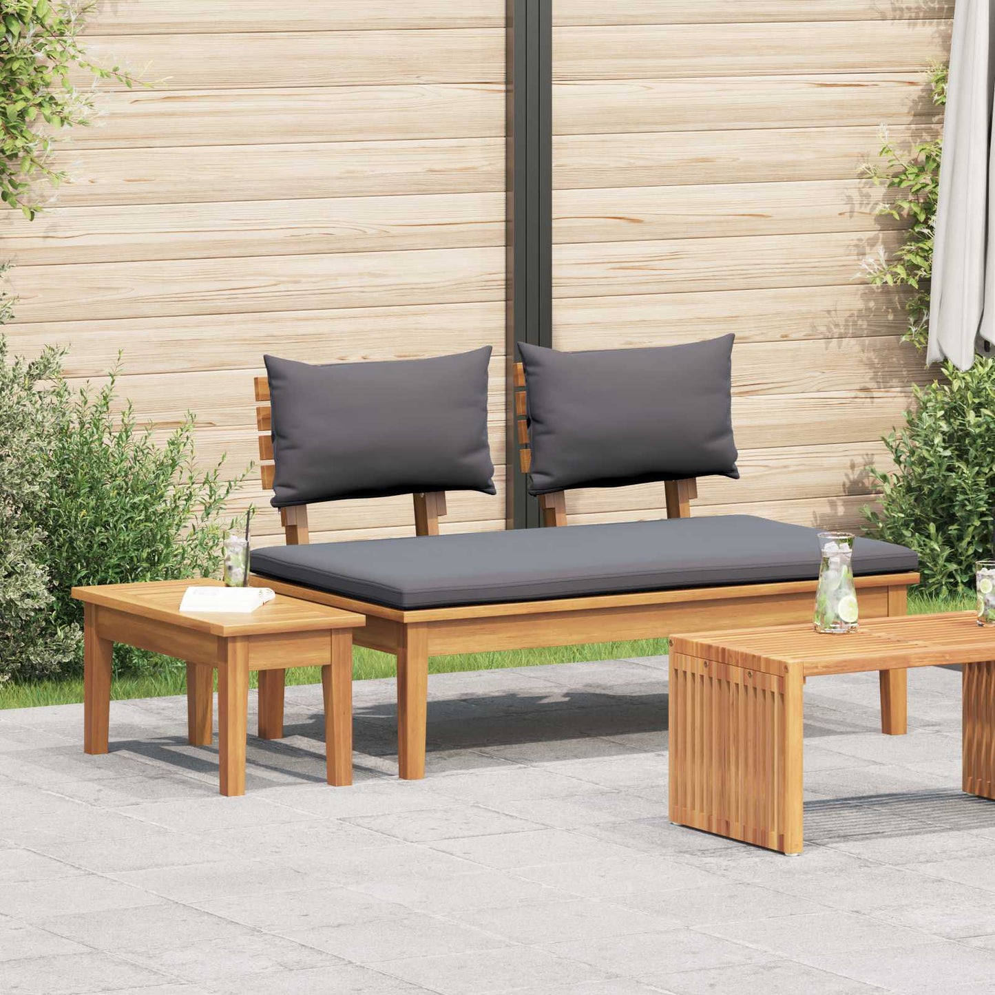 Gartenbank und Tischset 2 stk. Grau und Braun Massivholz Teak