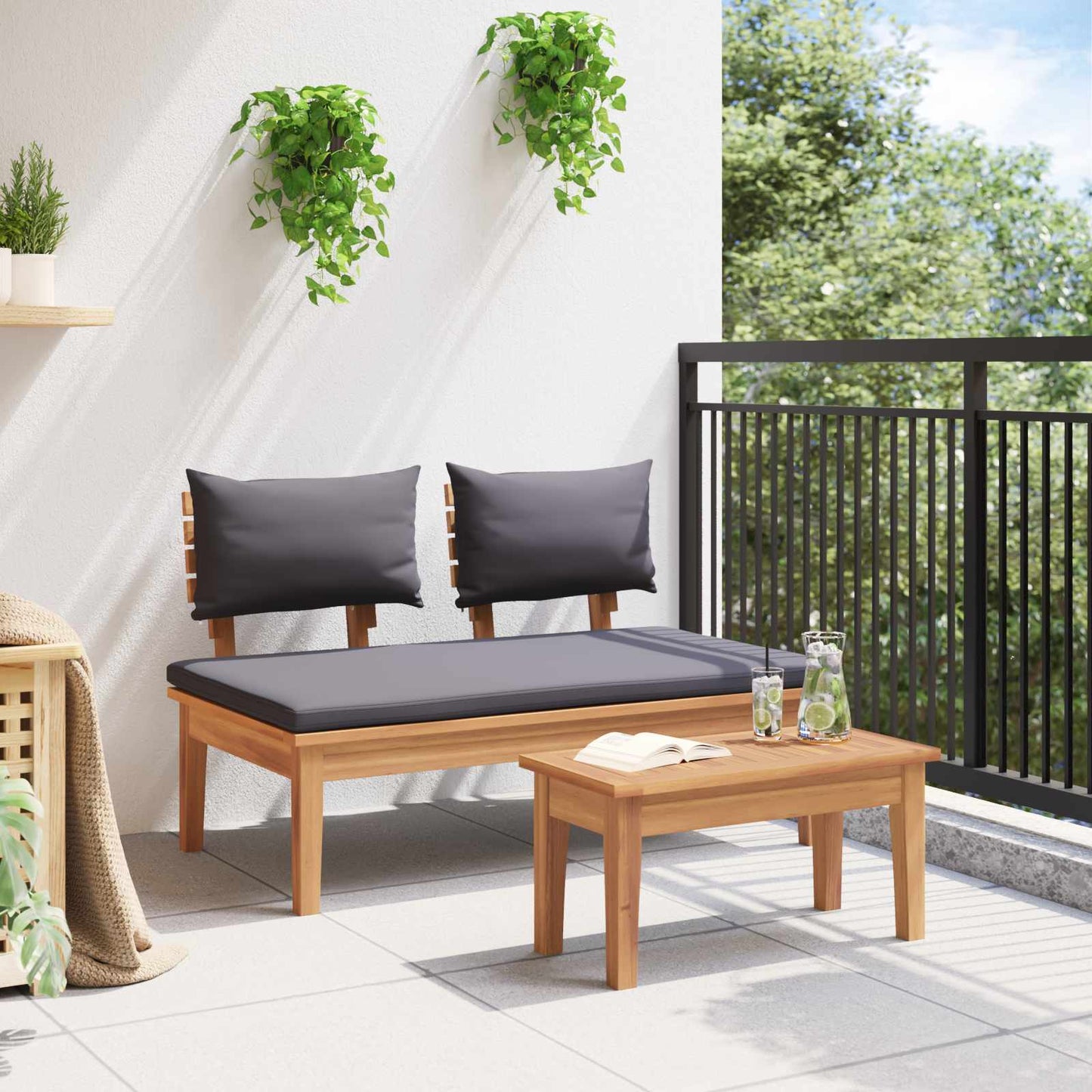 Gartenbank und Tischset 2 stk. Grau und Braun Massivholz Teak