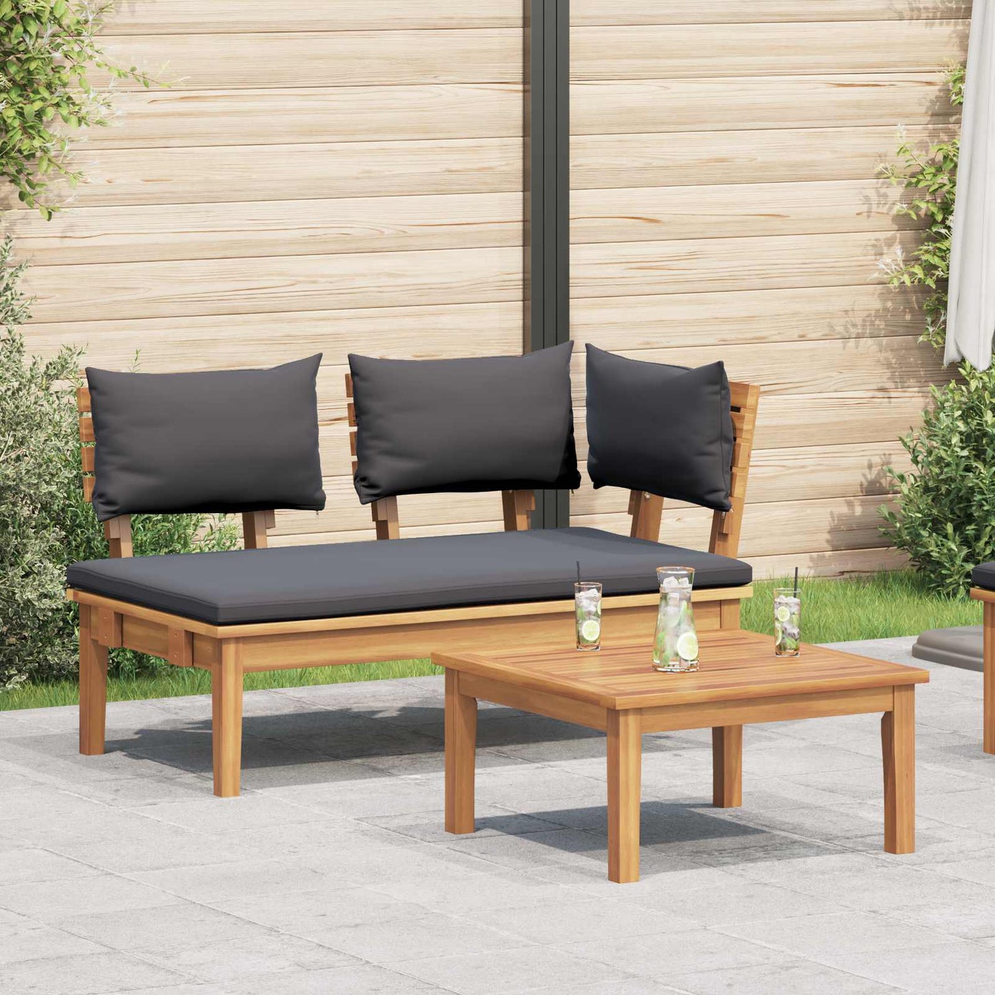 Gartenbank und Tischset 2 stk. Grau und Braun Massivholz Teak