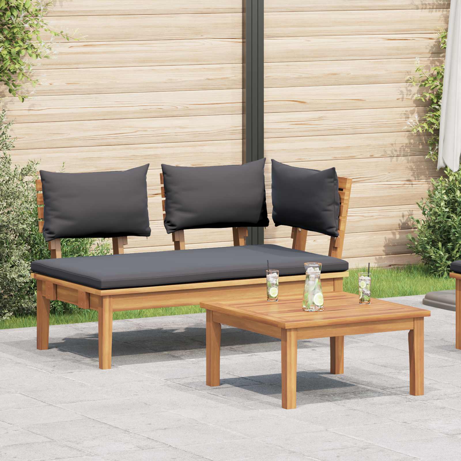 Gartenbank und Tischset 2 stk. Grau und Braun Massivholz Teak