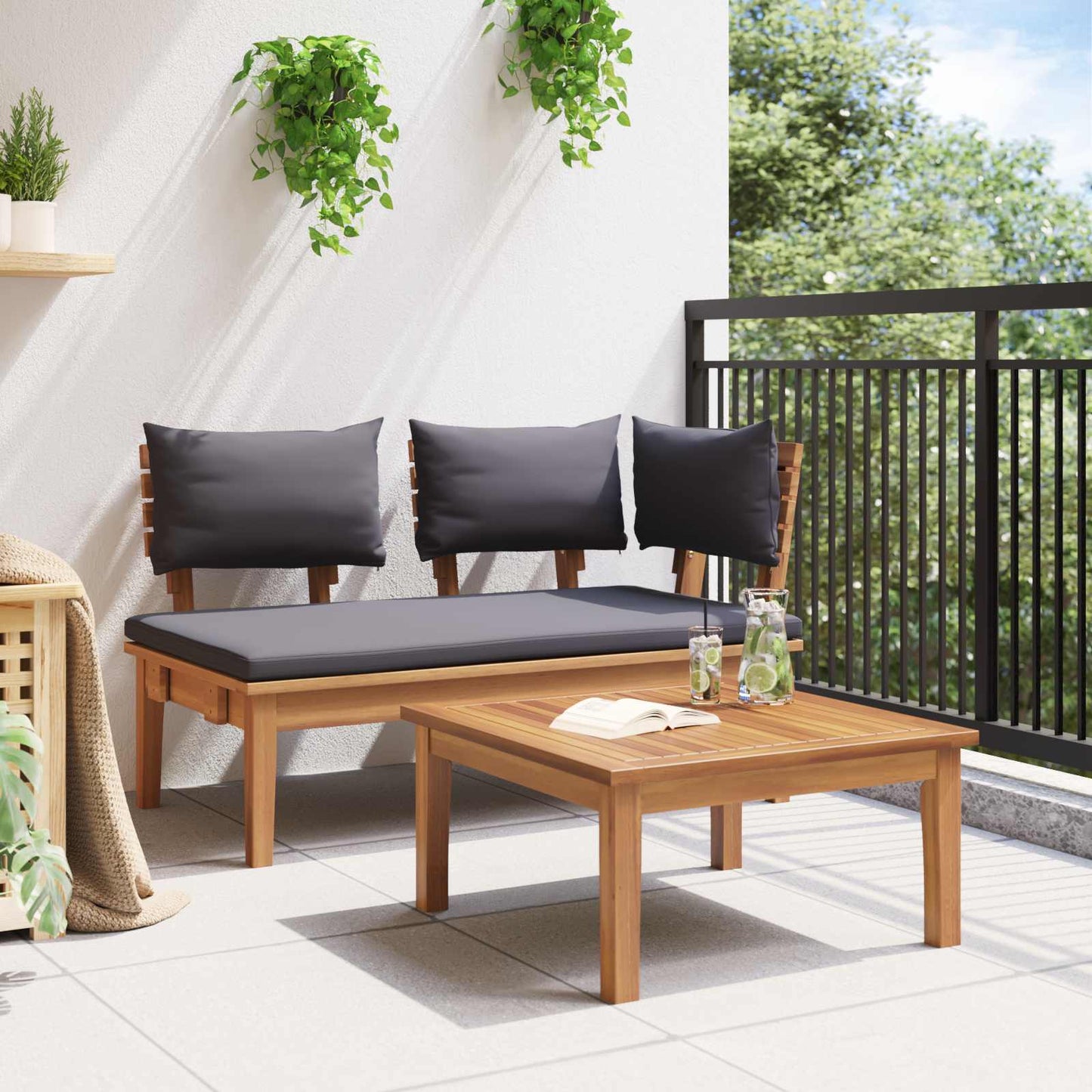 Gartenbank und Tischset 2 stk. Grau und Braun Massivholz Teak