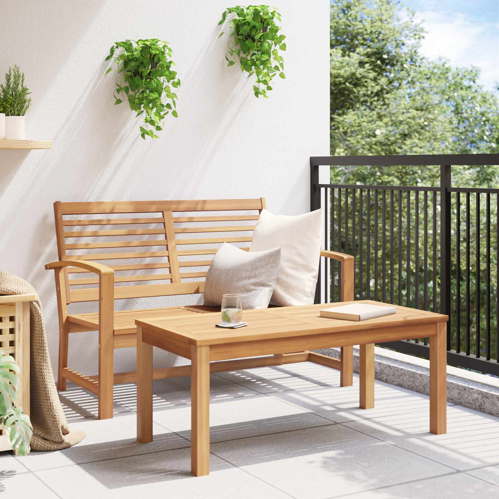 Gartenbank und Tischset 2 Stück Braun Massivholz Teak