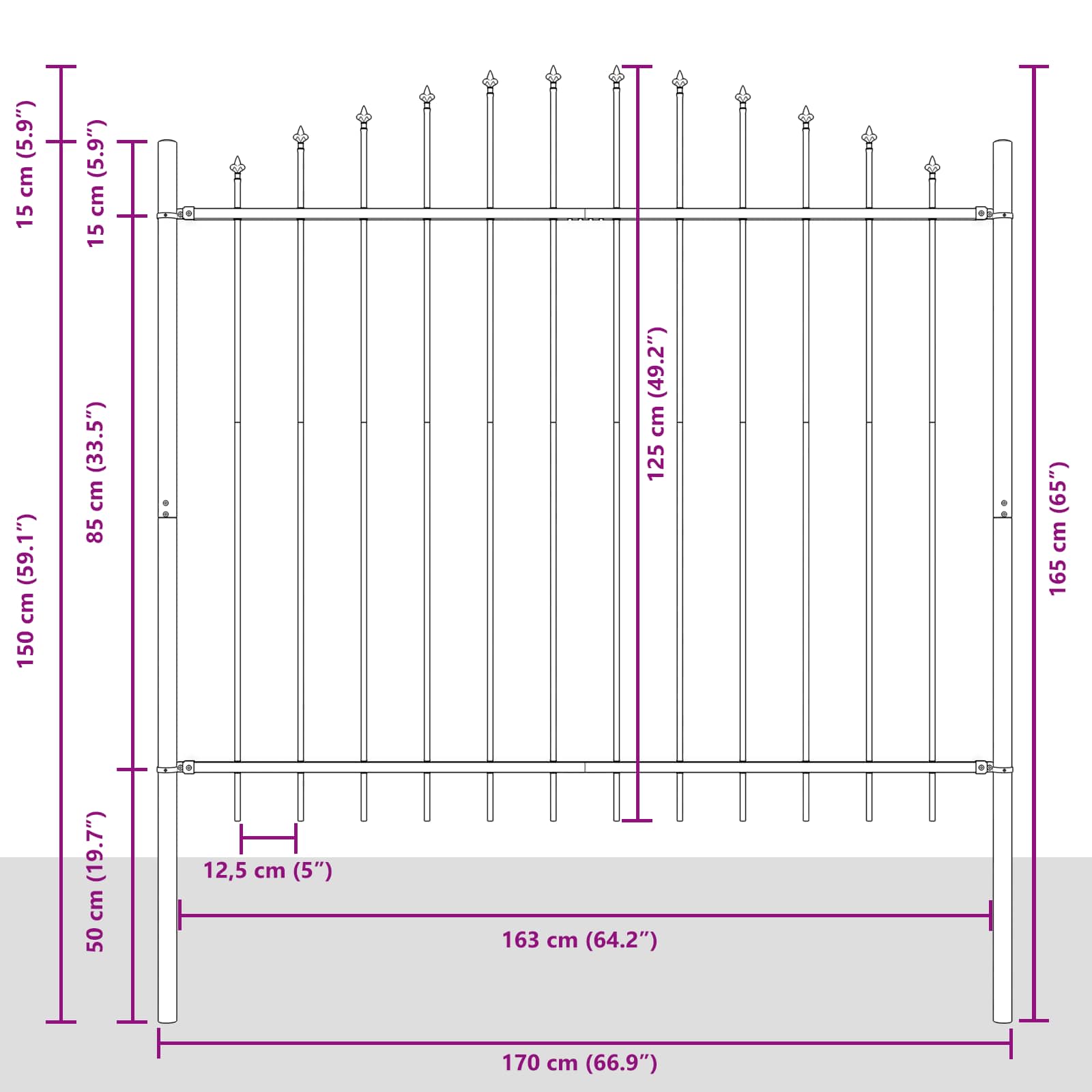 Gartenzaun WOERDEN 170 x 165 cm Pulverbeschichteter Stahl Grau