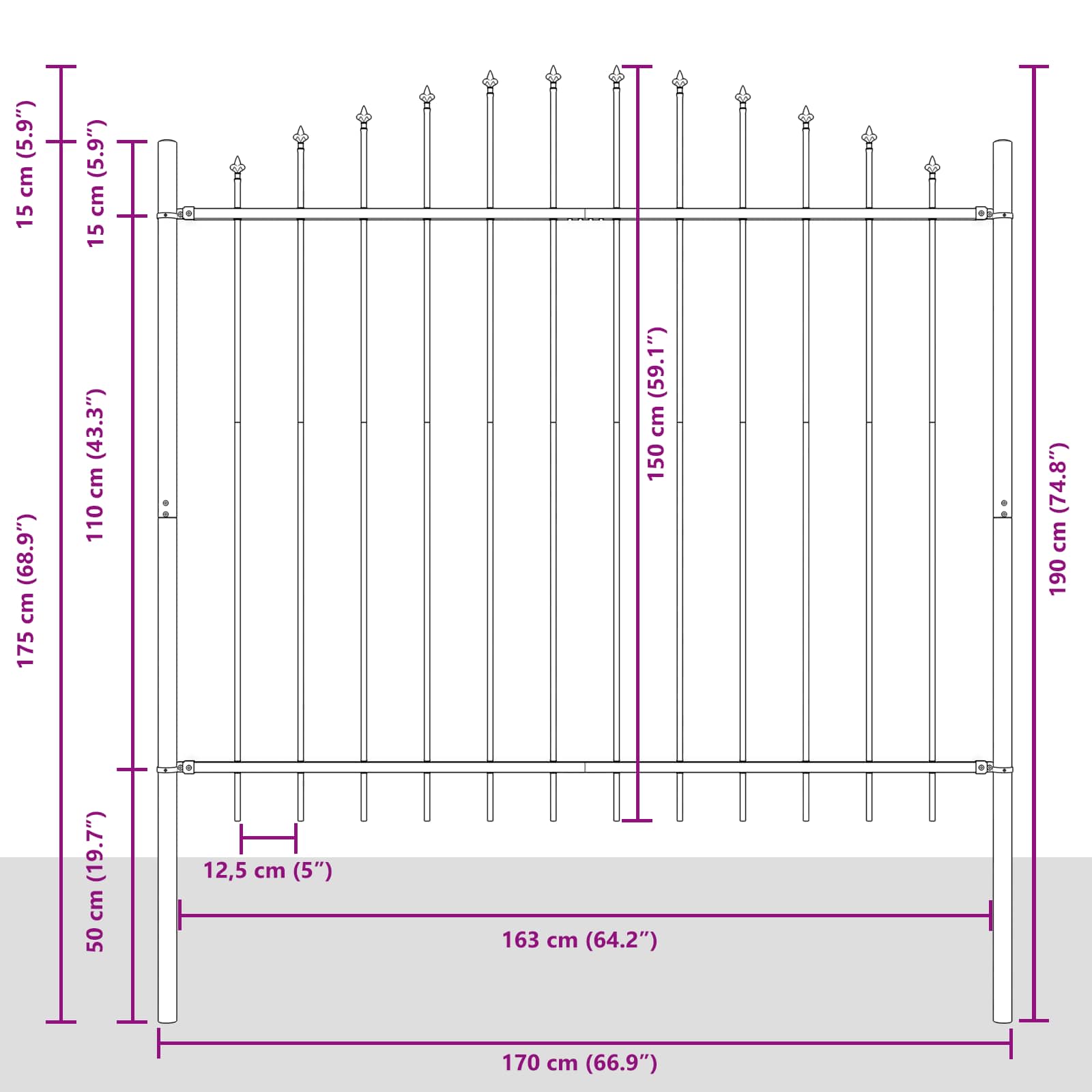 Gartenzaun WOERDEN 170 x 190 cm Pulverbeschichteter Stahl Grau