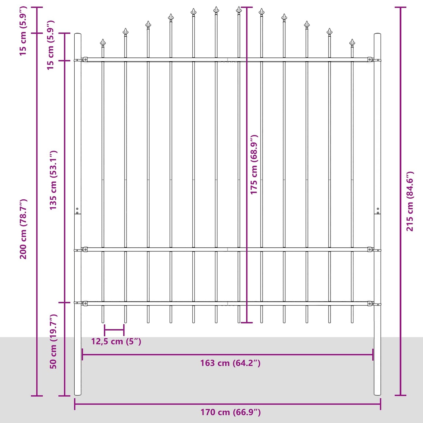 Gartenzaun WOERDEN 170 x 215 cm Pulverbeschichteter Stahl Grau