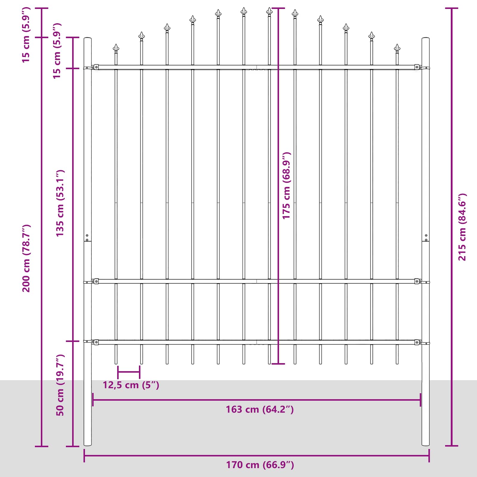 Gartenzaun WOERDEN 170 x 215 cm Pulverbeschichteter Stahl Grau