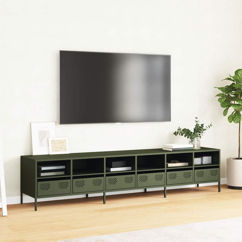 Meuble TV vert olive 202x39x43,5 cm Acier laminé à froid