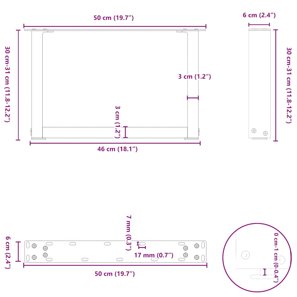 Pieds de table basse en U, 2 pièces, acier naturel, 50 x (30-31) cm