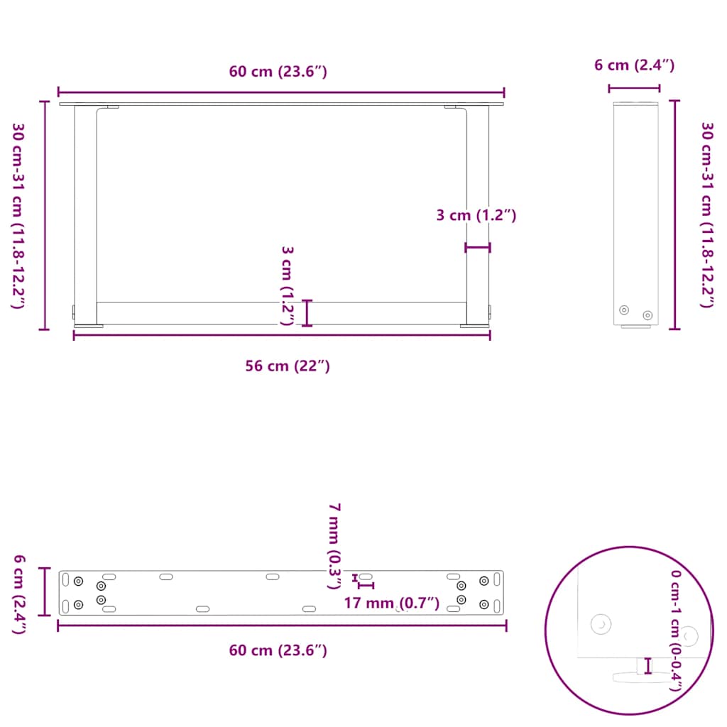 Pieds de table basse en U, 2 pièces, acier naturel, 60 x (30-31) cm