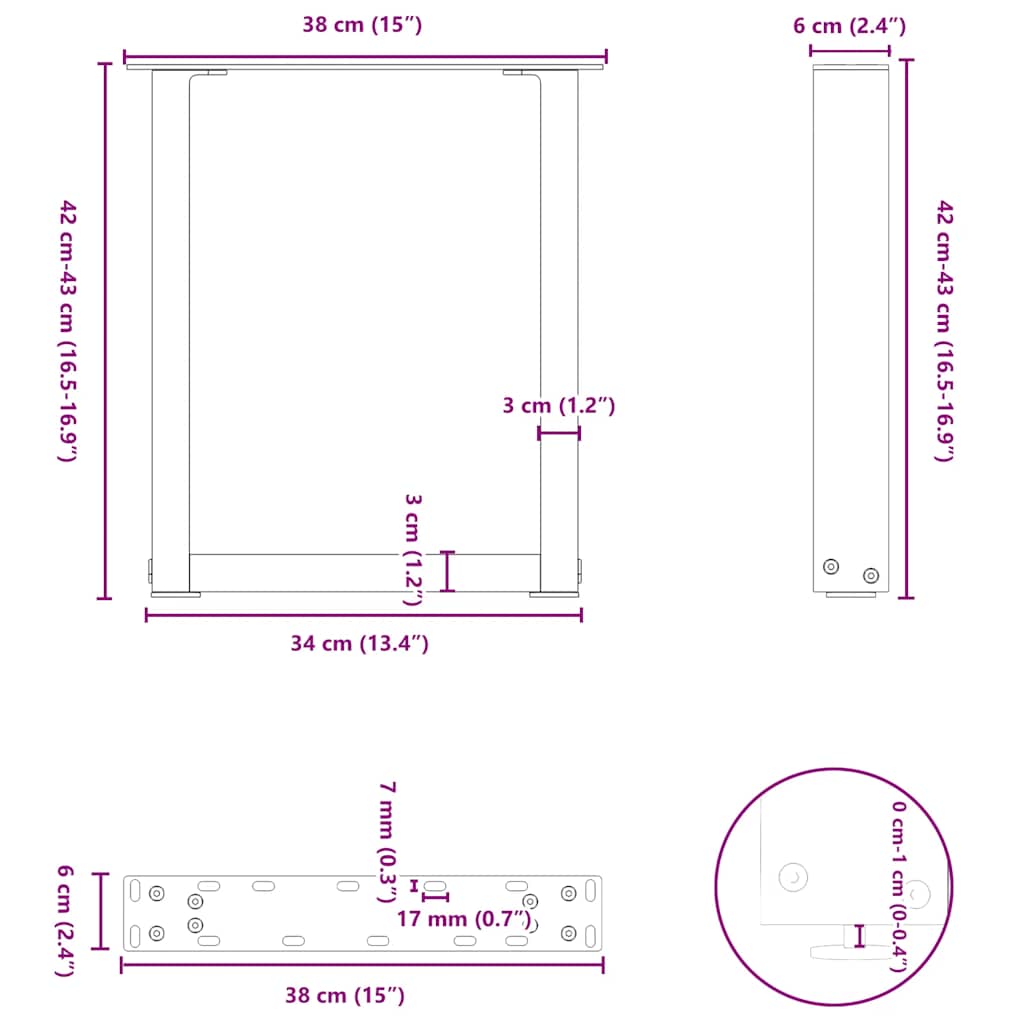 Pieds de table basse en U, 2 pièces, noir, 38 x 42-43 cm, acier