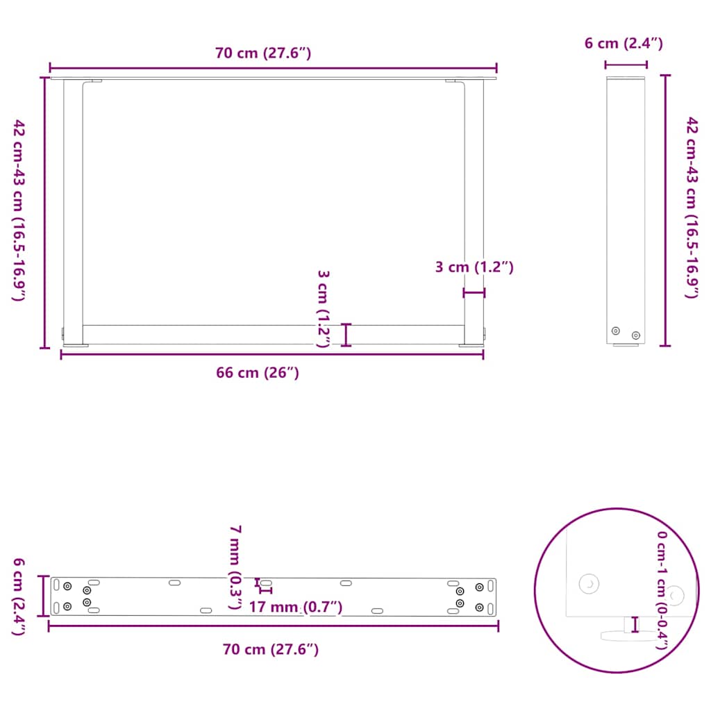 Pieds de table basse en U, 2 pièces, blanc, 70 x 42-43 cm, acier