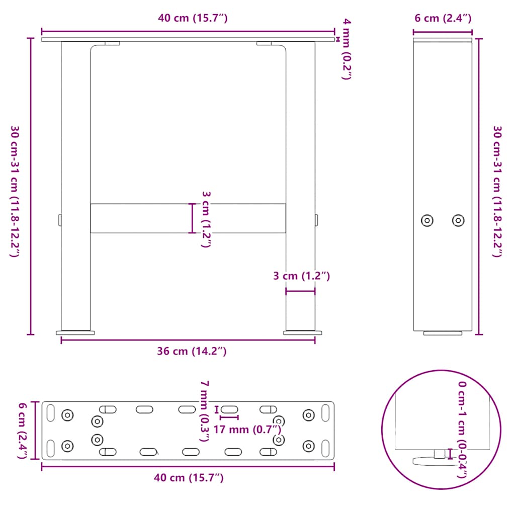 Pieds de table basse anthracite 2 pièces 40x(30-31) cm acier