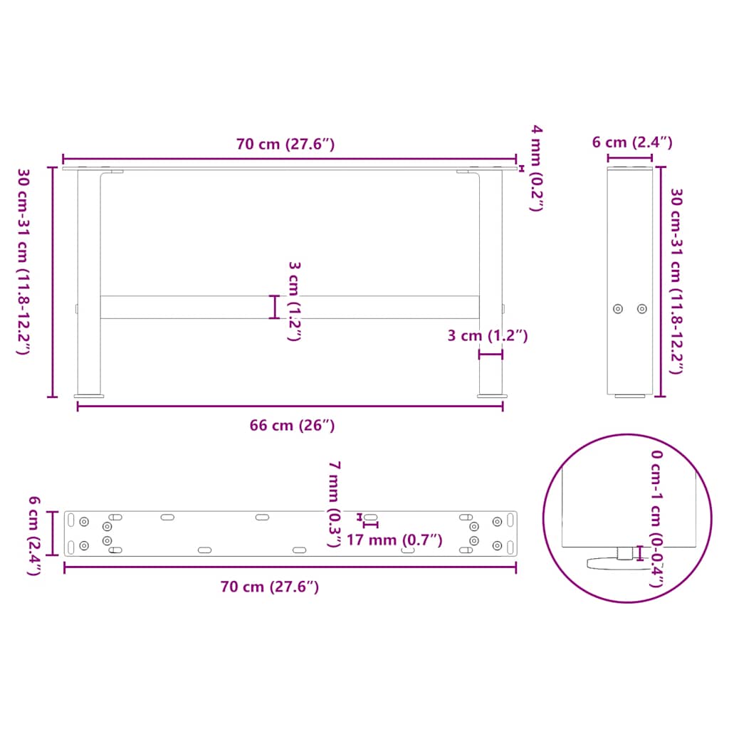 Pieds de table basse en acier naturel, 2 pièces, 70 x (30-31) cm