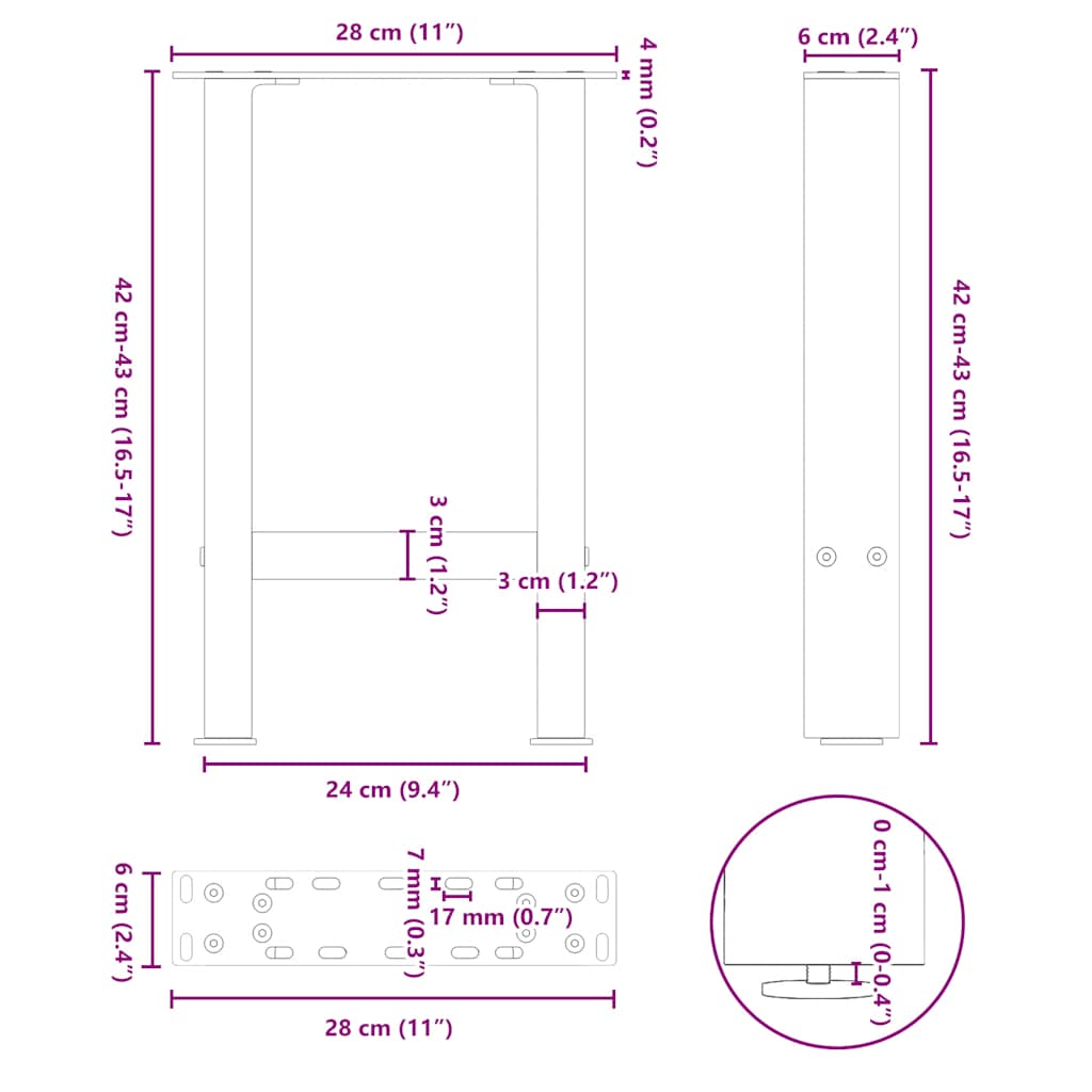 Pieds de table basse anthracite 2 pièces 28x(42-43) cm acier