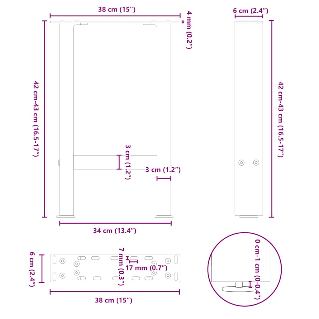 Pieds de table basse noirs, 2 pièces, 38 x (42-43) cm, acier