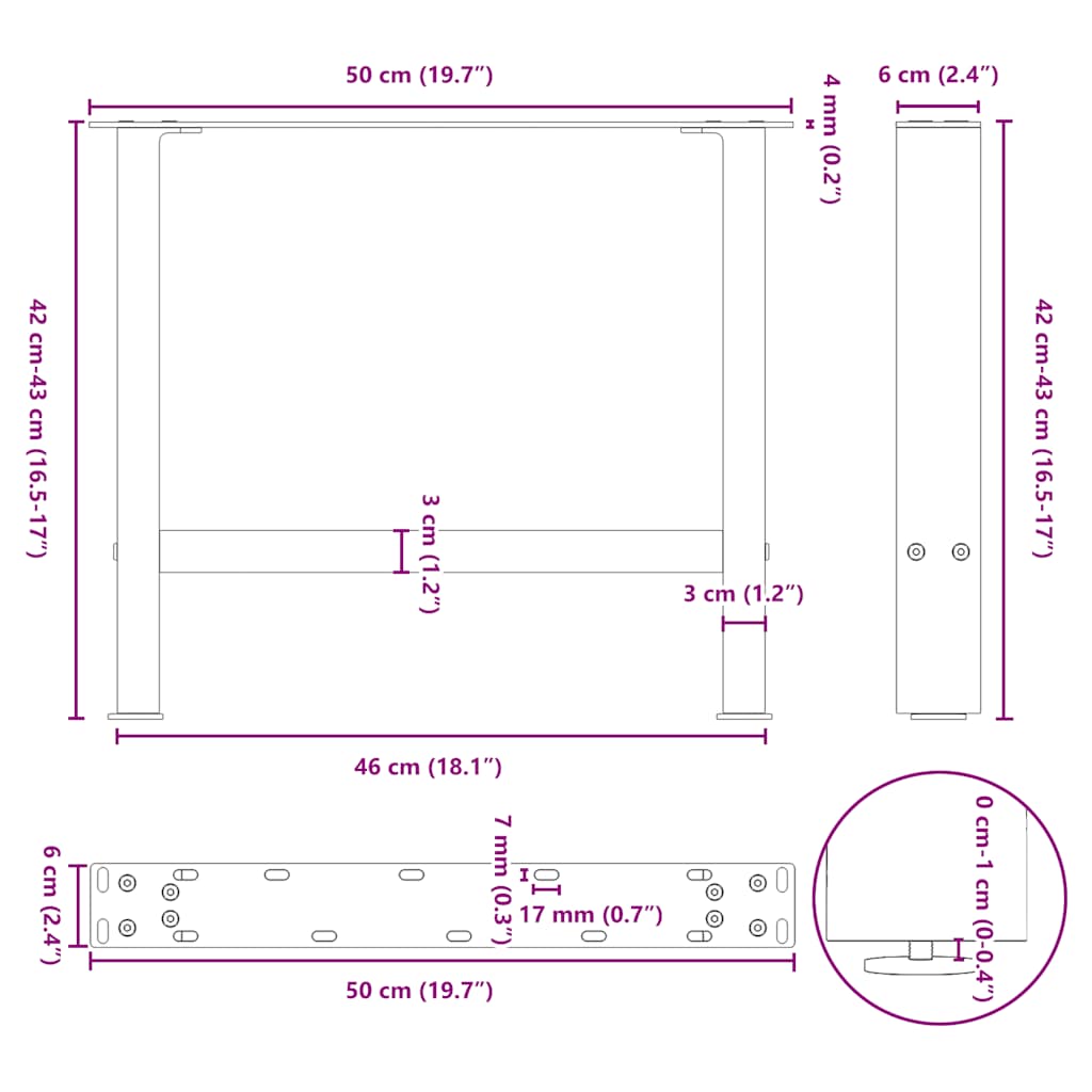 Pieds de table basse noirs, 2 pièces, 50 x (42-43) cm, acier