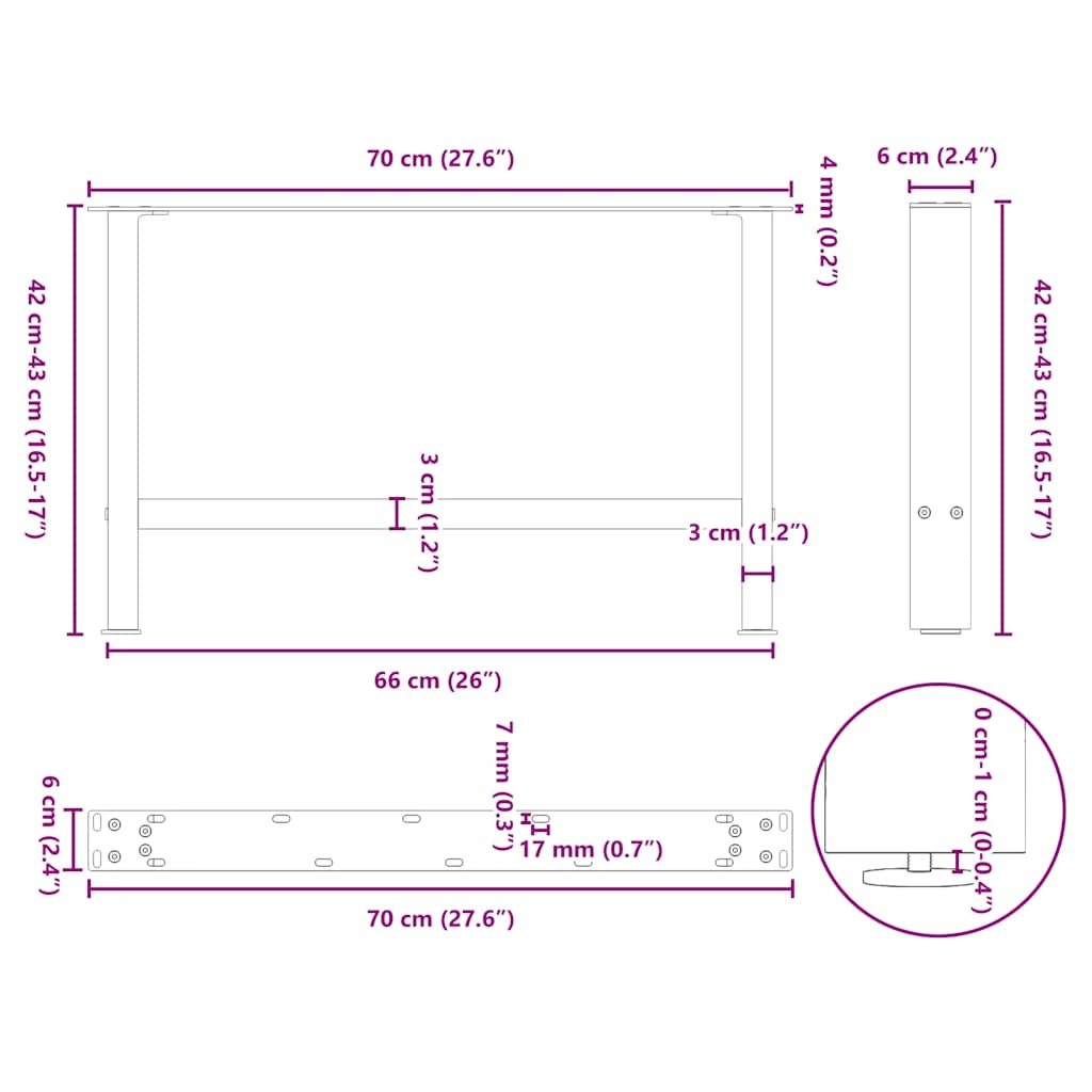 Pieds de table basse en acier naturel, 2 pièces, 70 x (42-43) cm